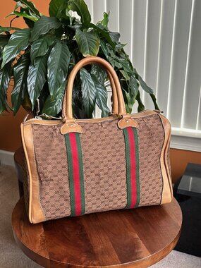 GUCCI Monogram Vintage Web Boston Bag Brown Tan Rare
